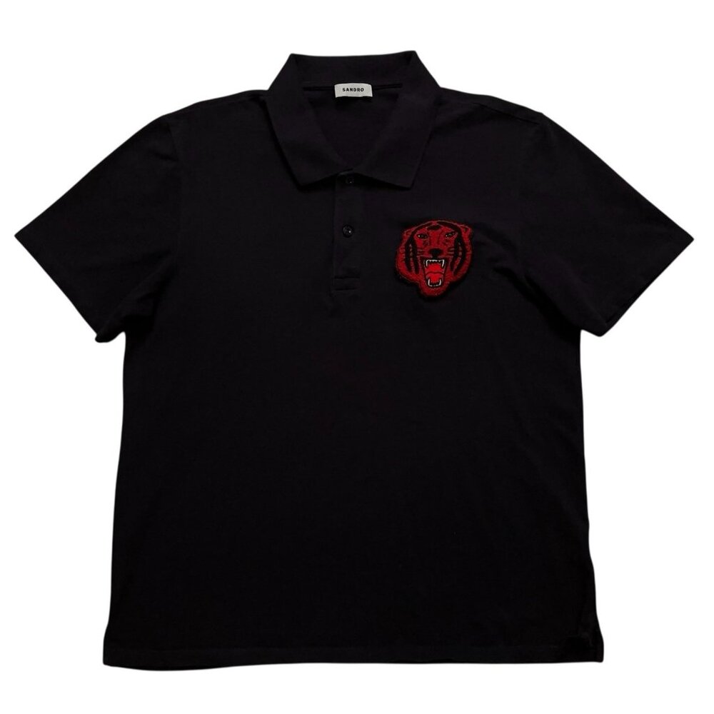 Sandro Polo Shirt Mens Size 2XL Short Sleeve Pique Tiger Patch Embroidered Black